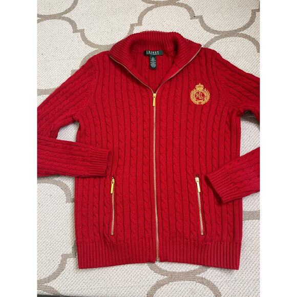 Lauren Ralph Lauren Sweaters - Lauren Ralph Lauren cable-knit zip sweater embroidered crest logo, size small